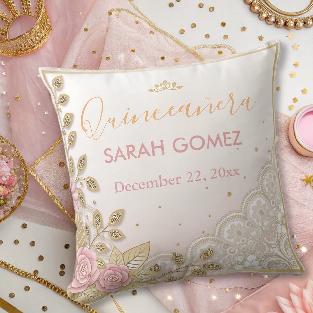 gold pink elegant quinceanera  throw pillow (Creator Uploaded)