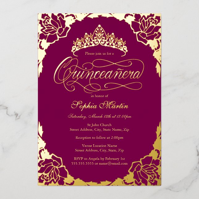Gold Pink Elegant Script Quinceanera Birthday Foil Invitation (Front)