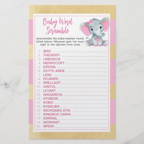 Gold Pink Elephant Baby Word Scramble Game Flyer
