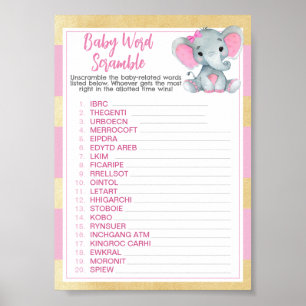 Gold Pink Elephant Baby Word Scramble Game Poster