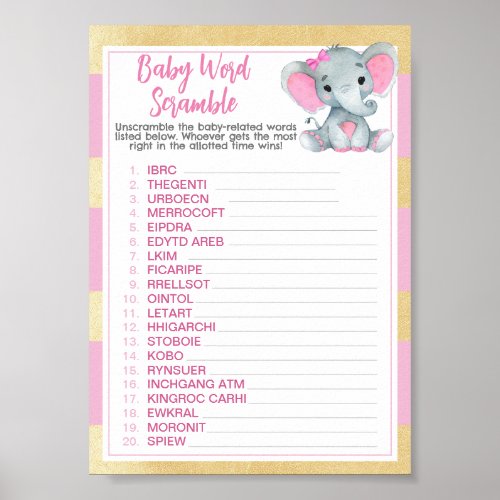 Gold Pink Elephant Baby Word Scramble Game Poster