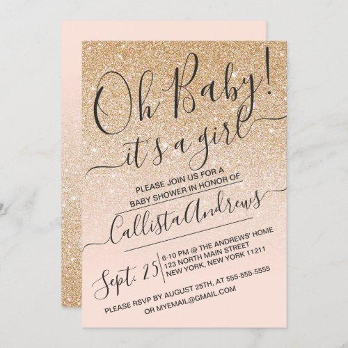 Gold Pink Faux Sparkly Glitter Ombre Baby Shower Invitation