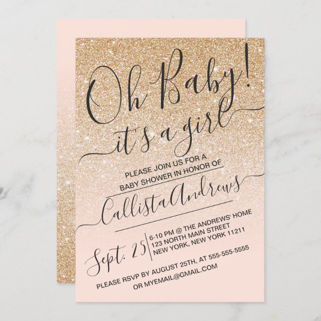 Gold Pink Faux Sparkly Glitter Ombre Baby Shower Invitation (Front/Back)