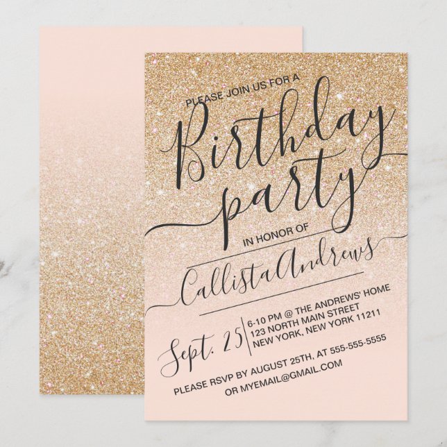 Gold Pink Faux Sparkly Glitter Ombre Birthday Invitation (Front/Back)