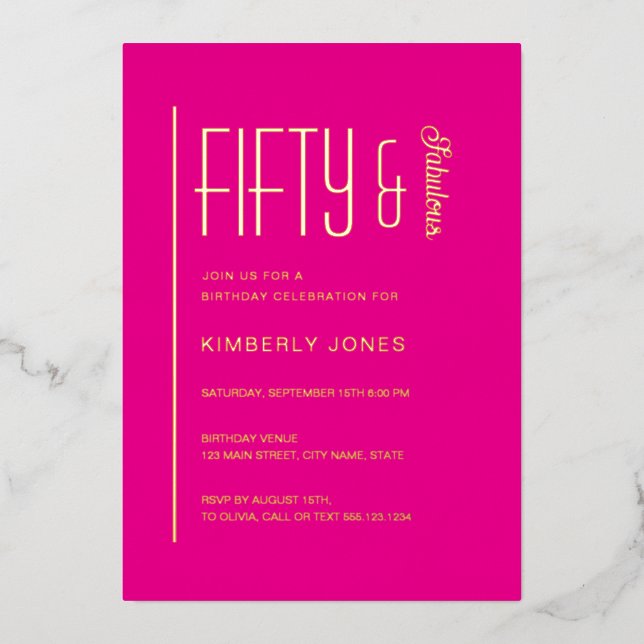Gold Pink Fifty and Fabulous 50th Birthday Party Foil Invitation (Front)