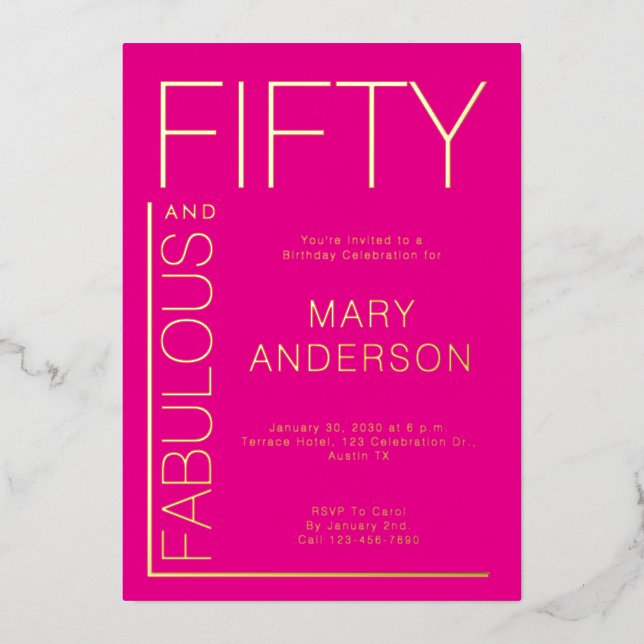 Gold Pink Fifty and Fabulous 50th Birthday Party Foil Invitation (Front)
