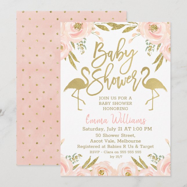 Gold Pink Flamingo Baby Shower Invitation (Front/Back)