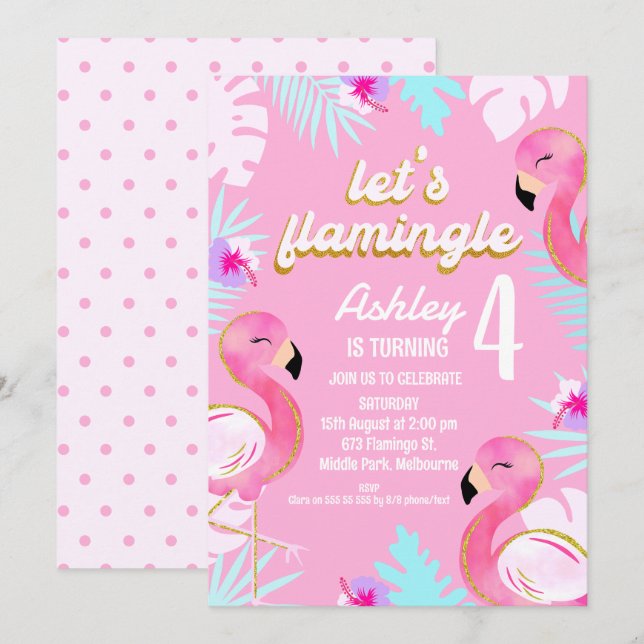 Gold Pink Flamingo Let's Flamingle Birthday Invitation (Front/Back)