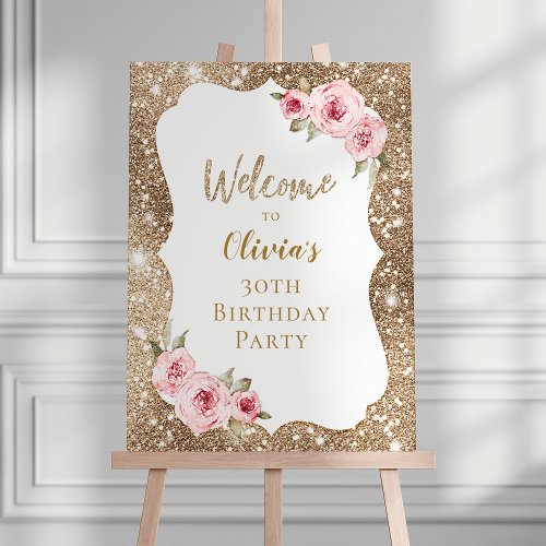 Gold pink floral any age birthday welcome sign
