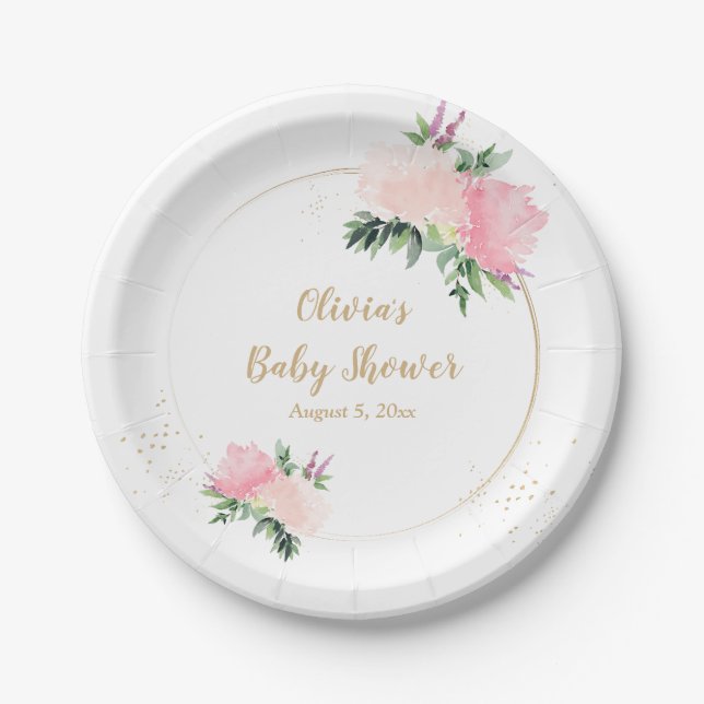 Gold Pink Floral Baby Shower Paper Plates (Front)