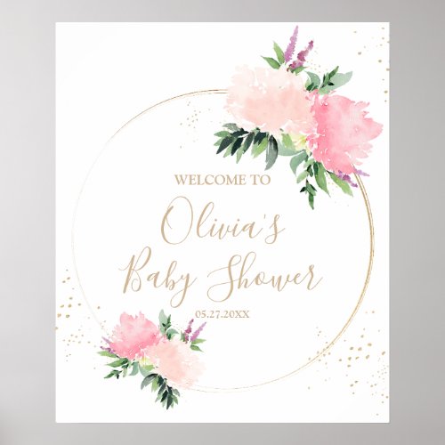 Gold Pink Floral Baby Shower Welcome Poster