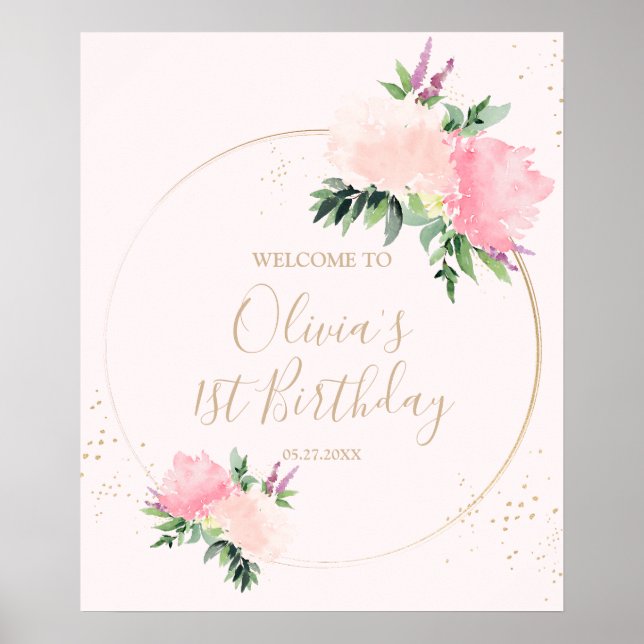 Gold Pink Floral Birthday Welcome Poster (Front)