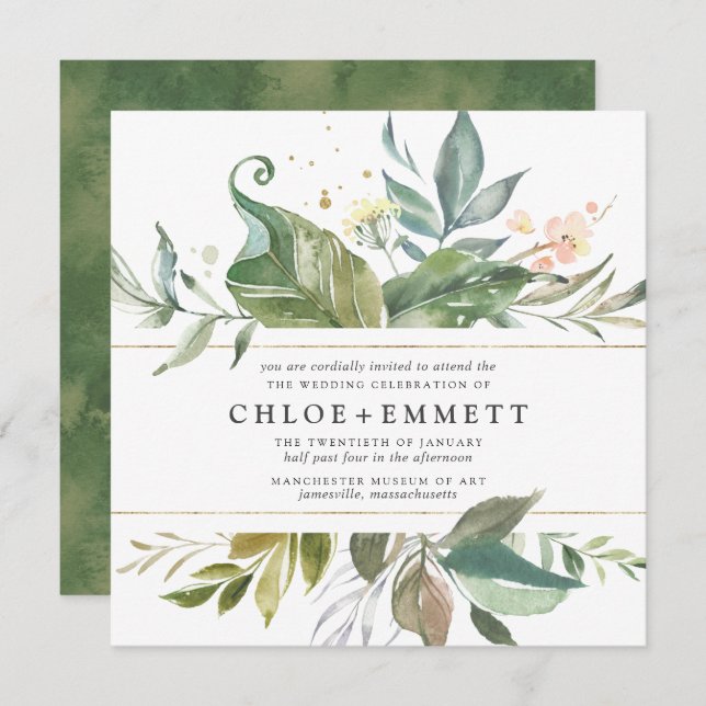 Gold Pink Floral Boho Botanical Square Wedding Invitation (Front/Back)