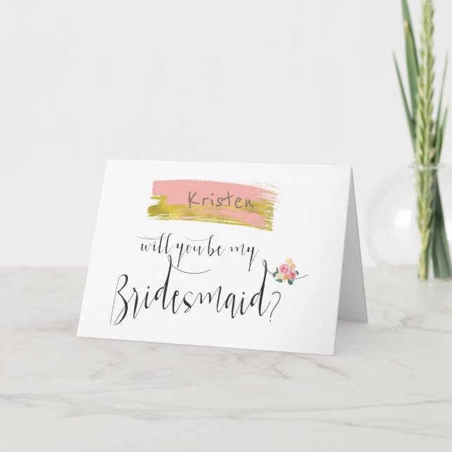 Gold Pink Floral Bouquet Will You Be My Bridesmaid Invitation (Front)