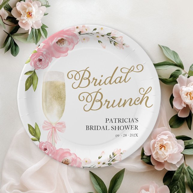 Gold Pink Floral Bridal Brunch Bridal Shower Paper Plates (Creator Uploaded)