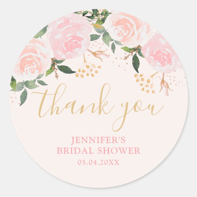 Gold Pink Floral Bridal Shower  Classic Round Sticker (Front)