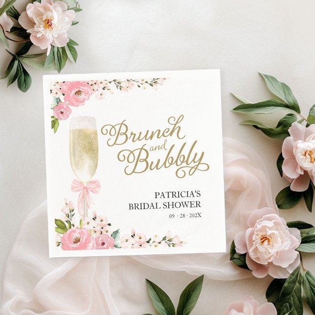 Gold Pink Floral Brunch And Bubbly Bridal Shower Napkins (Creator Uploaded)