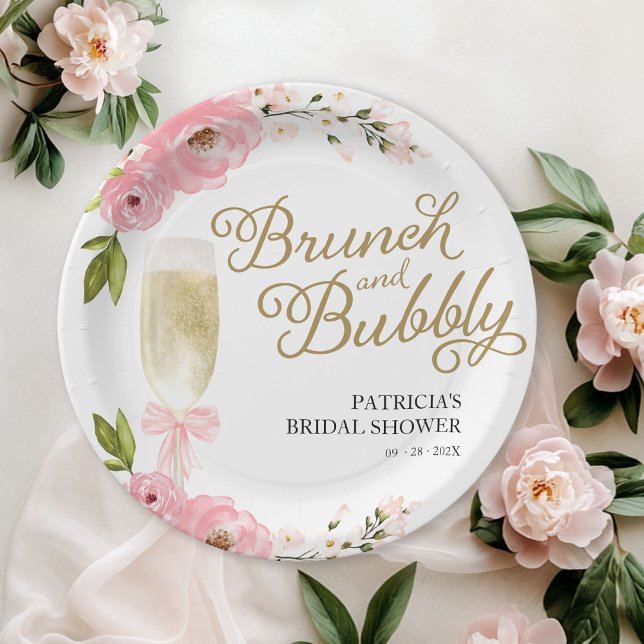 Gold Pink Floral Brunch And Bubbly Bridal Shower Paper Plates (Creator Uploaded)