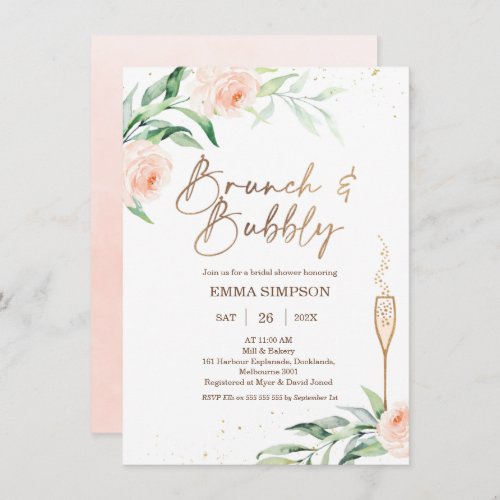 Gold Pink Floral Brunch Bubbly Bridal Shower Invitation