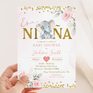Gold Pink Floral Elephant Es niña Baby Shower Invitation