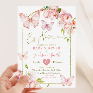 Gold Pink Floral Es Nina Butterfly Baby Shower Invitation
