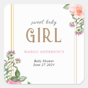 Gold Pink Floral Girl Baby Shower Frame Square Sticker