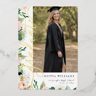 Gold Pink Floral Graduate Photo Graduation Foil Invitation