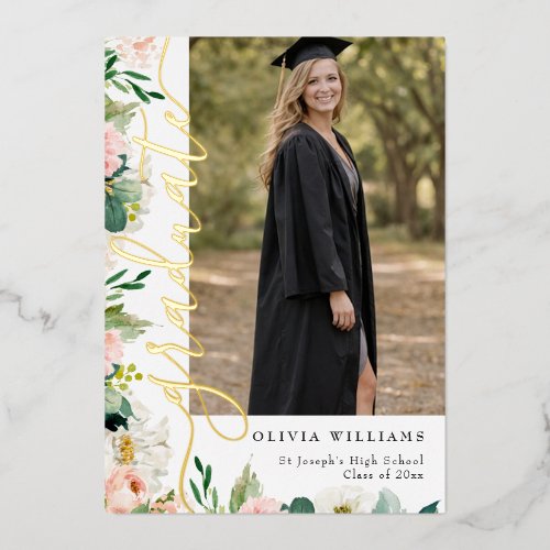 Gold Pink Floral Graduate Photo Graduation Foil Invitation