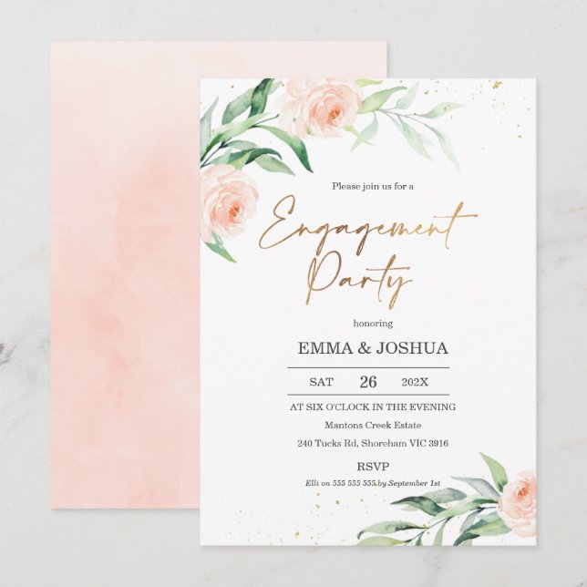 Gold Pink Floral Greenery Engagement Party Invitation (Front/Back)