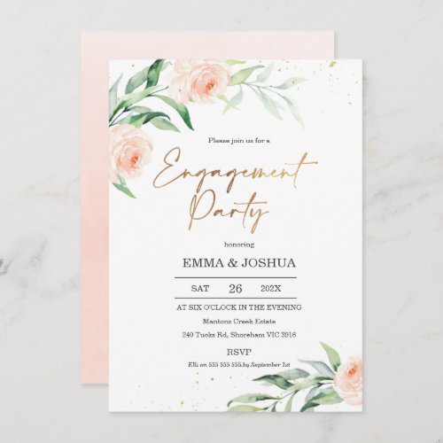 Gold Pink Floral Greenery Engagement Party Invitation