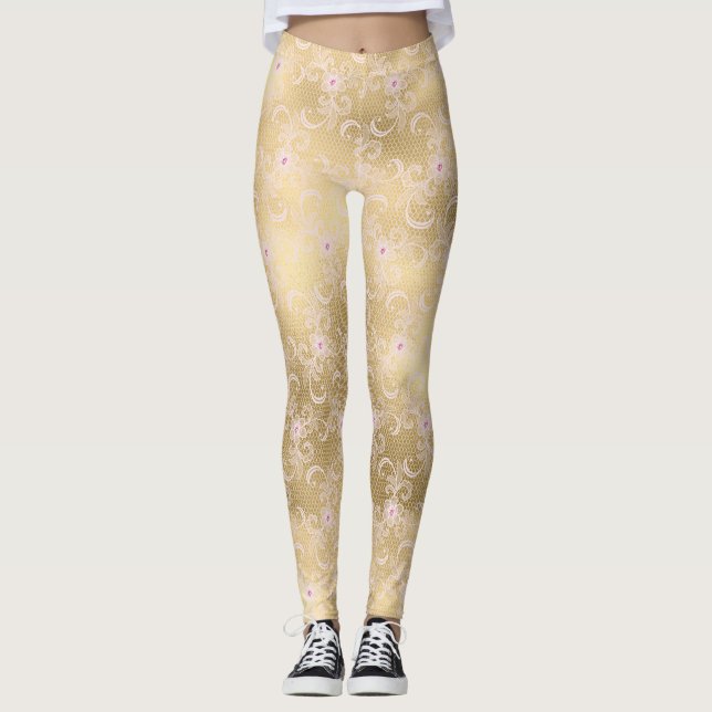 Gold Pink Floral Lace Leggings (Front)