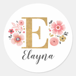 Gold Pink Floral Monogram Initial Letter E Classic Round Sticker