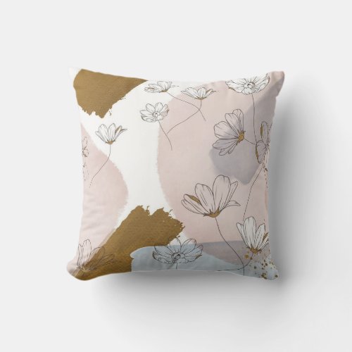 Gold  Pink Floral Painting  Throw Pillow