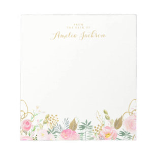 Gold Pink Floral Personalized Stationery Notepad