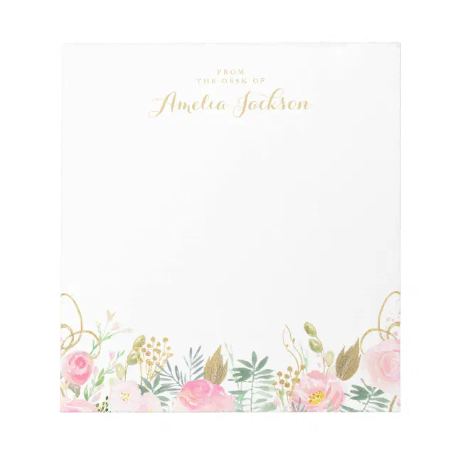Gold Pink Floral Personalized Stationery Notepad | Zazzle
