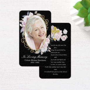 Gold Pink Floral Photo Funeral Prayer Card