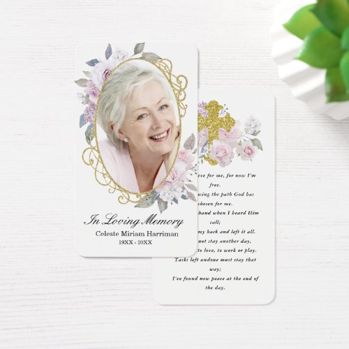 Gold Pink Floral Photo Funeral Prayer Card