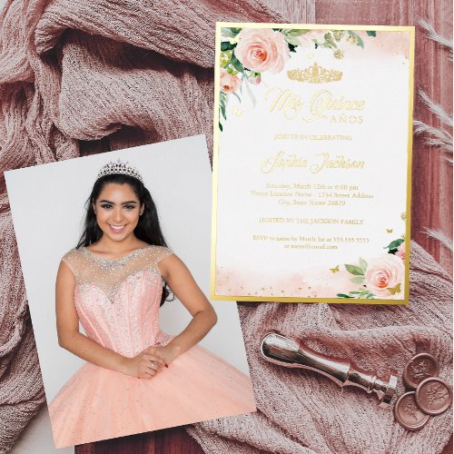 Gold Pink Floral Photo Quinceanera Birthday Foil Invitation