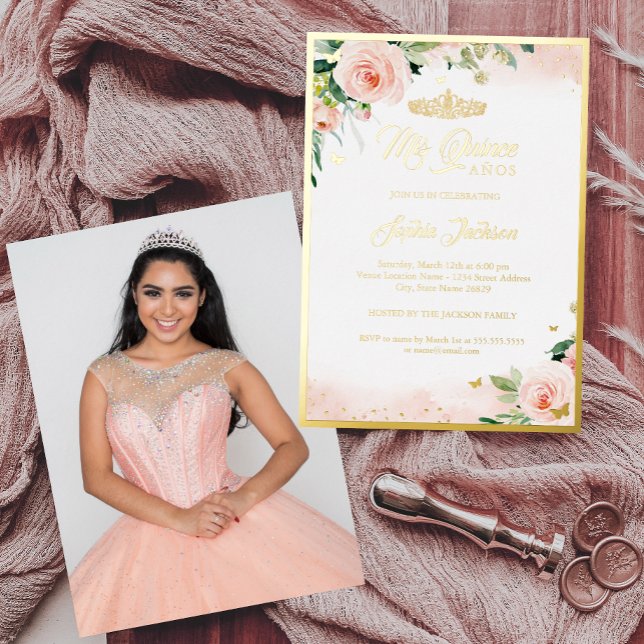 Gold Pink Floral Photo Quinceanera Birthday Foil Invitation (Creator Uploaded)