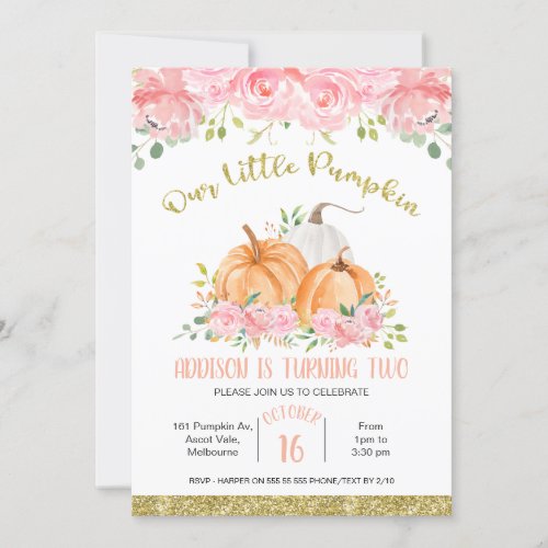 Gold Pink Floral Pumpkin Birthday Invitation