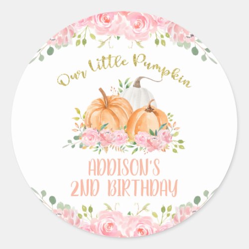 Gold Pink Floral Pumpkin Birthday Party Favor  Classic Round Sticker