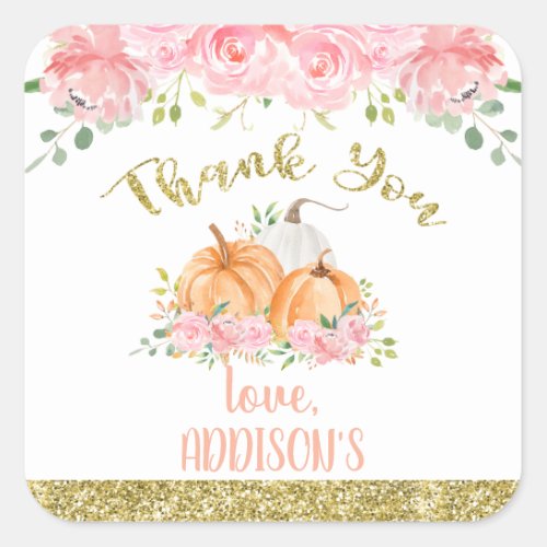 Gold Pink Floral Pumpkin Birthday Party Favor   Square Sticker
