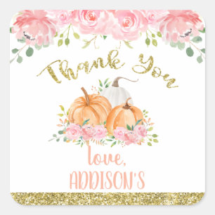 Gold Pink Floral Pumpkin Birthday Party Favor Square Sticker