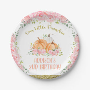 Gold Pink Floral Pumpkin Birthday Party Paper Plates