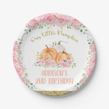 Gold Pink Floral Pumpkin Birthday Party  Paper Plates by Sugar_Puff_Kids at Zazzle