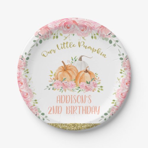 Gold Pink Floral Pumpkin Birthday Party  Paper Plates