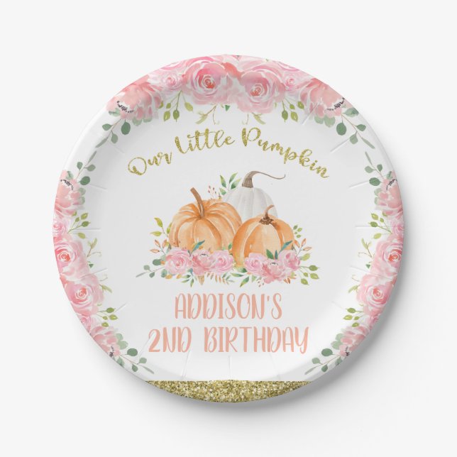 Gold Pink Floral Pumpkin Birthday Party  Paper Plates (Front)