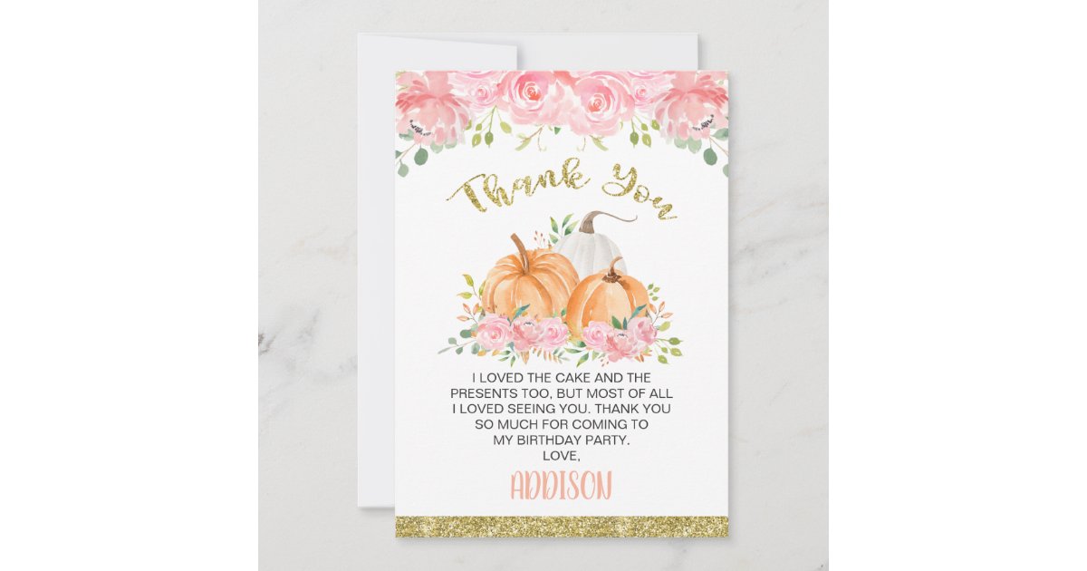 Gold Pink Floral Pumpkin Birthday Thank You Card | Zazzle