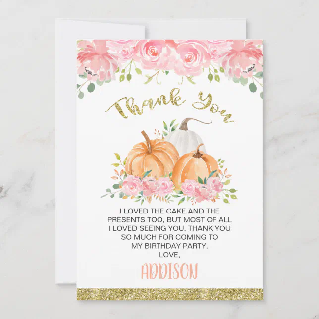 Gold Pink Floral Pumpkin Birthday Thank You Card | Zazzle