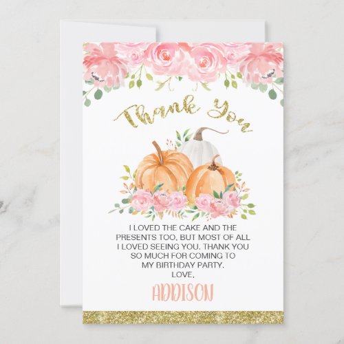 Gold Pink Floral Pumpkin Birthday Thank You Card